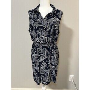 TOMMY HILFIGER Navy Blue Floral Sleeveless Dress Cinched Waist Size 14